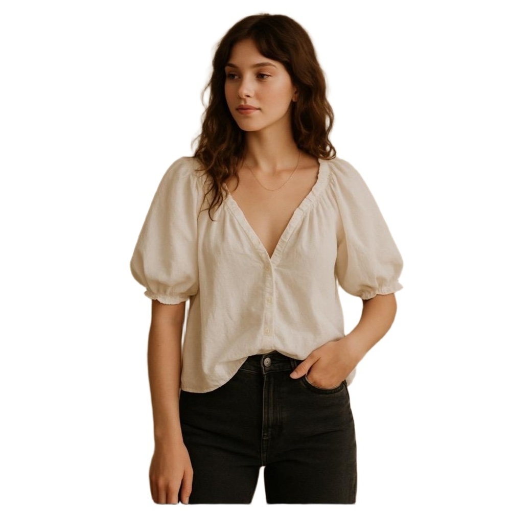 Vineyard Vines White Long Puff Sleeves ButtonFront‎ Scoop Neck Classic Blouse L